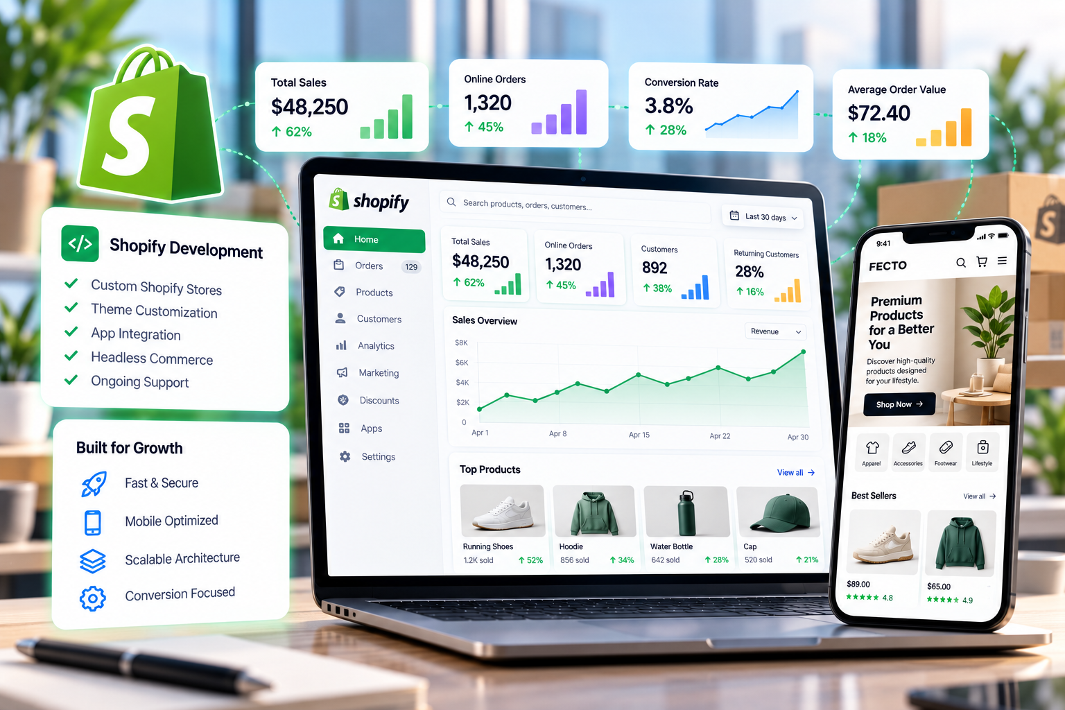 Shopify ecommerce dashboard showing online sales, orders, conversion rate and average order value