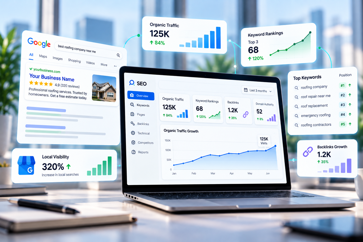 Google Business Profile and local organic performance dashboard with rankings and visibility metrics