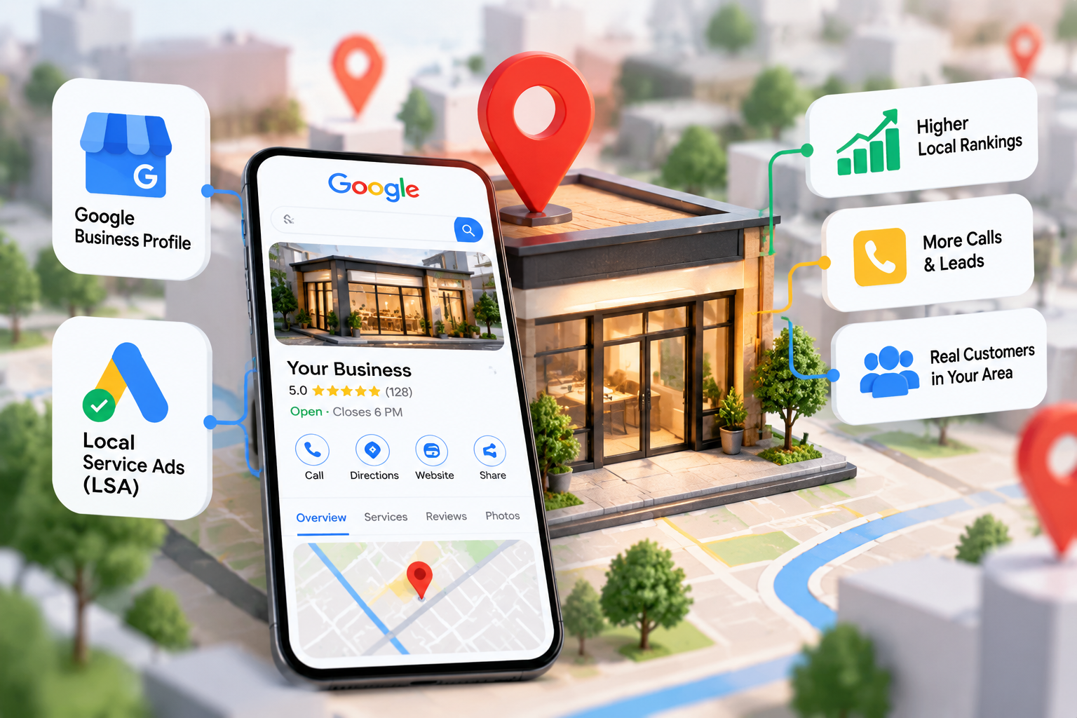 Google local search rankings showing a business at the top of the map results