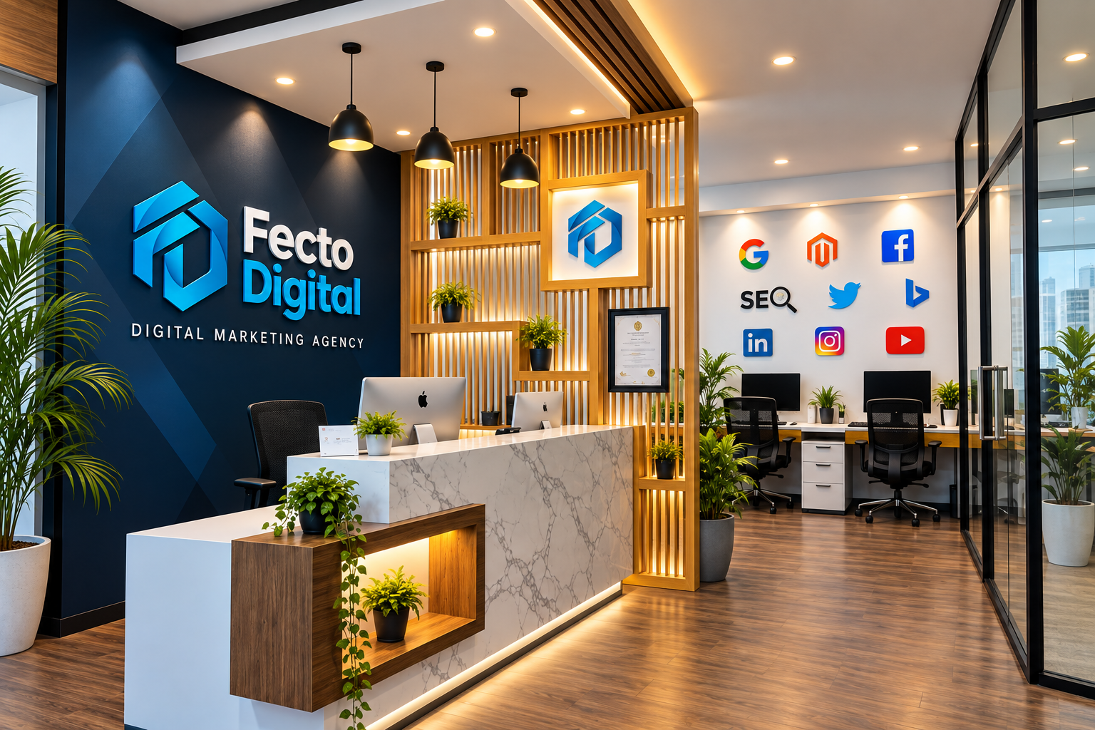 Fecto Digital office reception with branded navy feature wall, workspace and digital marketing tools