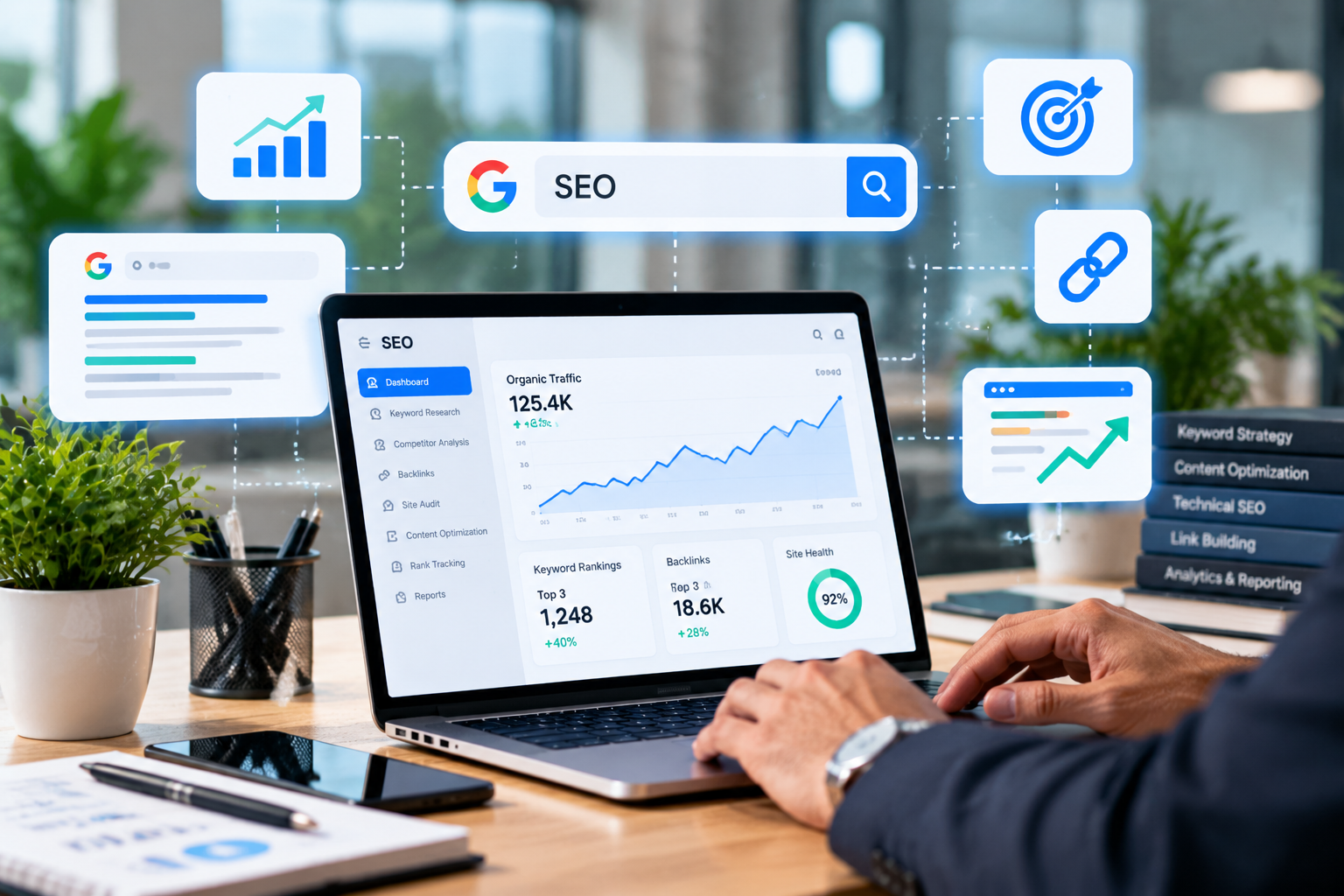SEO performance dashboard showing organic traffic, keyword rankings, backlinks and site health