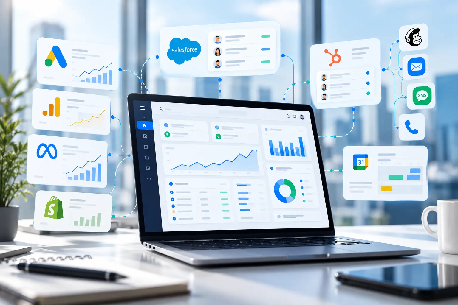 CRM dashboard connected to advertising, analytics, ecommerce, email, SMS and phone tools