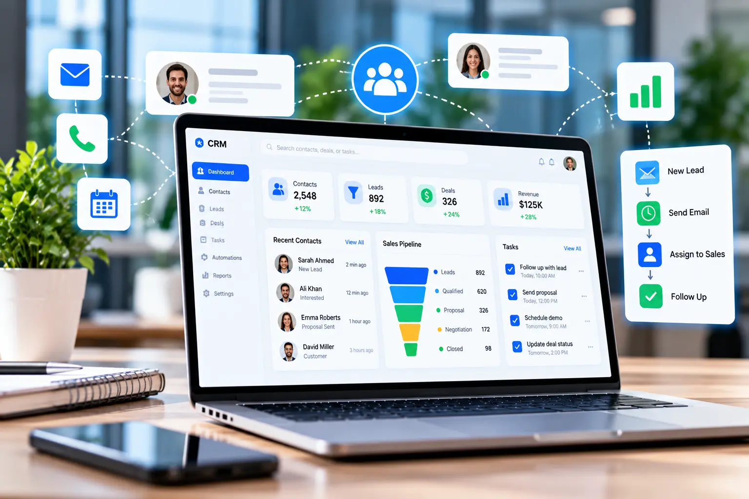 CRM automation dashboard showing lead routing, email follow-up and sales pipeline workflows