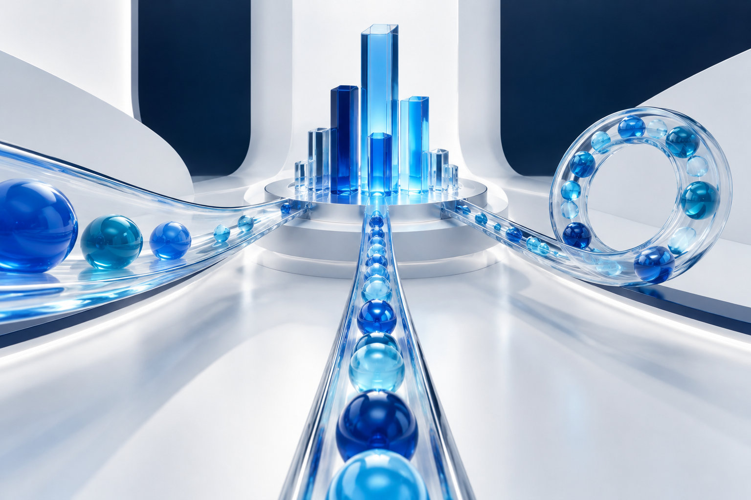 Three abstract glass pathways representing acquisition, conversion, and customer retention.