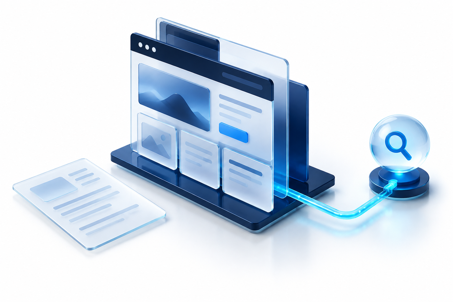 Abstract structured website panels connected by a cyan path beside a flattened document sheet.