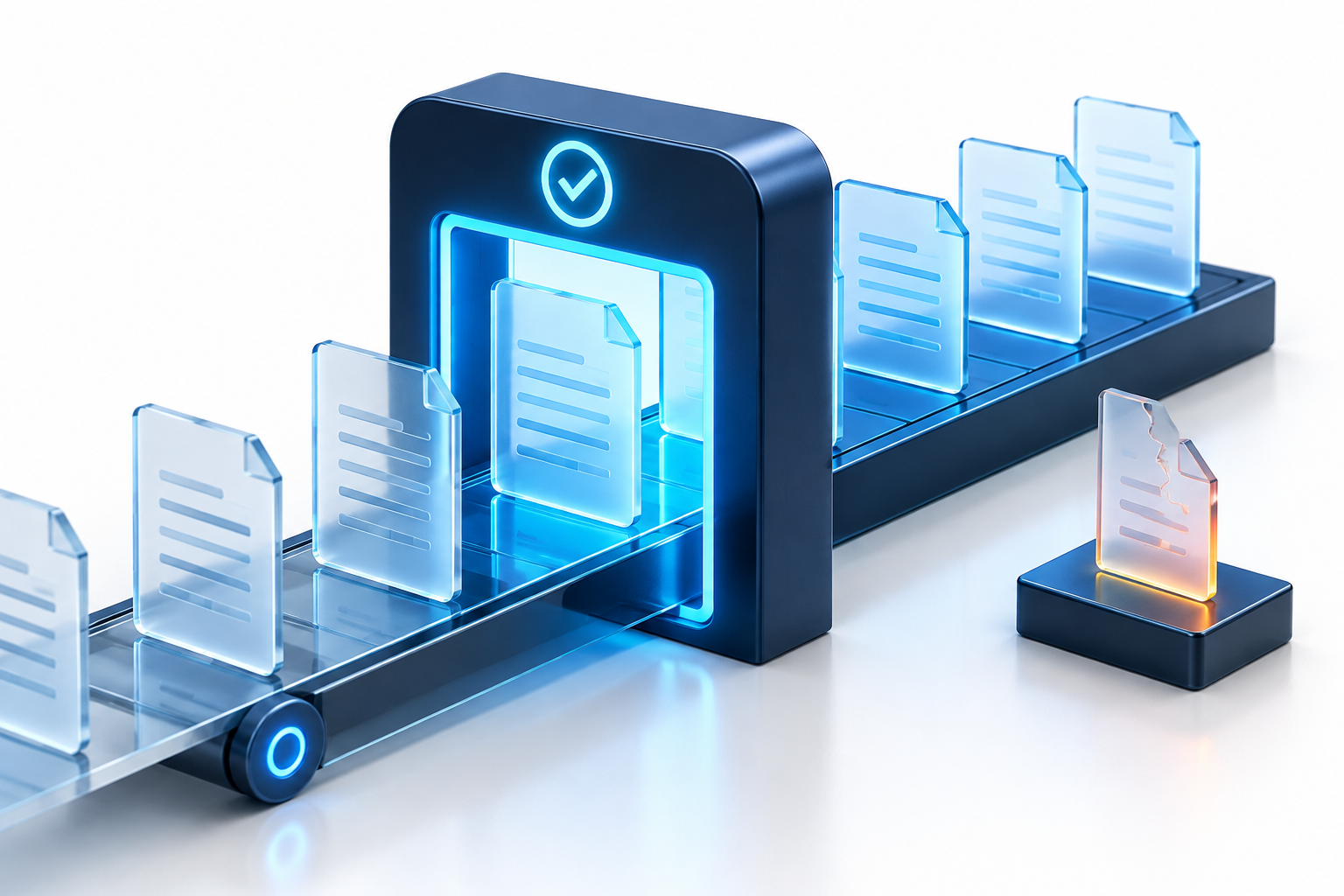 Abstract glass document panels moving through a verification gate before publication.