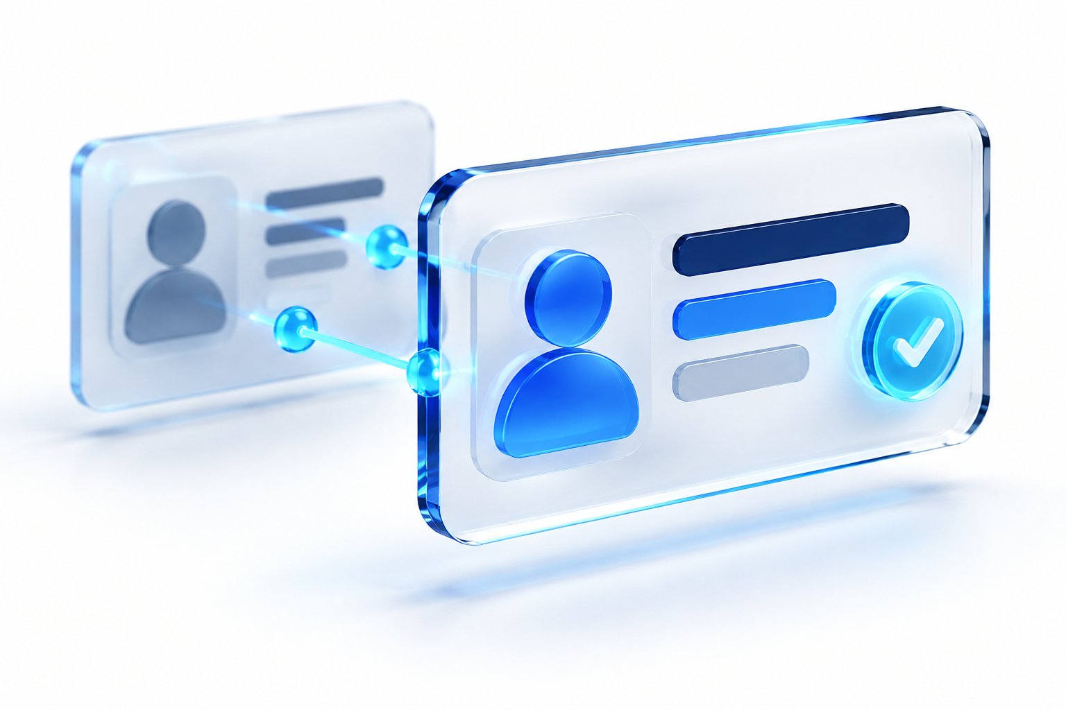 Abstract glass identity panels representing outdated business information becoming accurate and consistent.