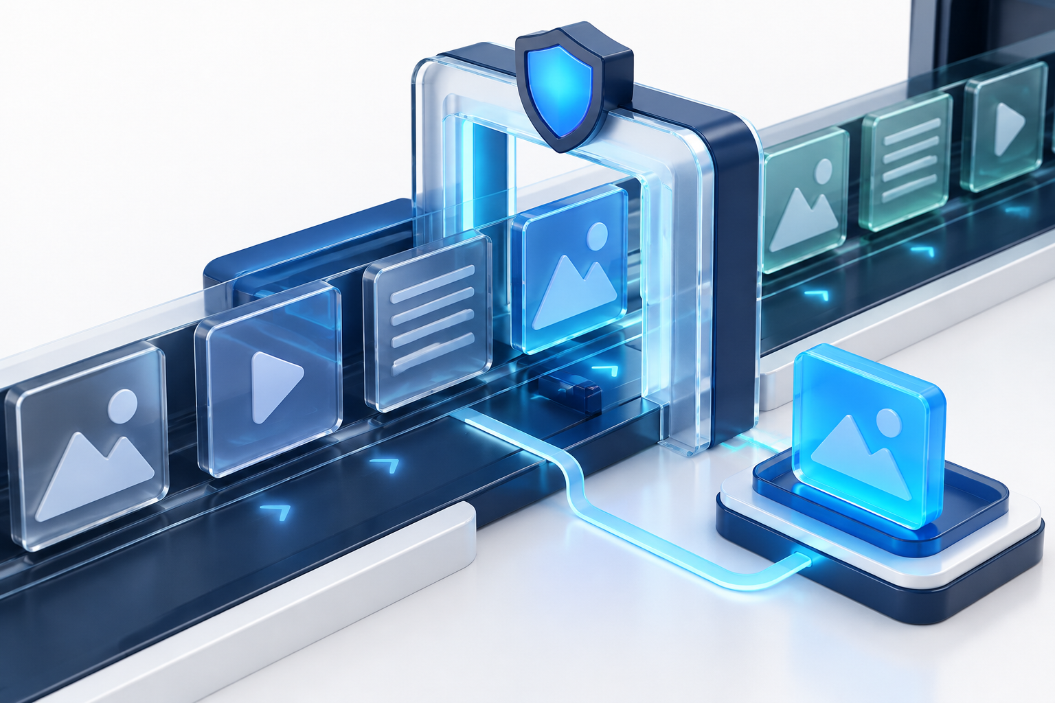 Abstract advertising controls with an approval gate separating reviewed assets from unapproved changes.
