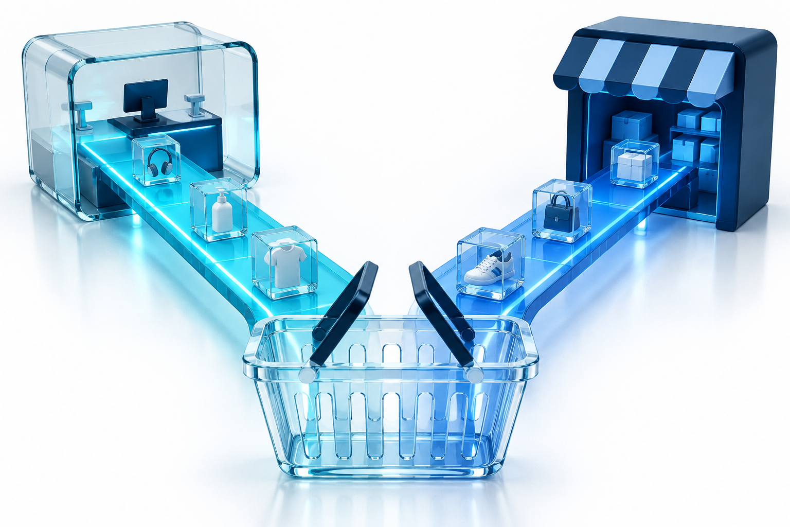 Abstract shopping cart branching toward an integrated checkout and a retailer website.