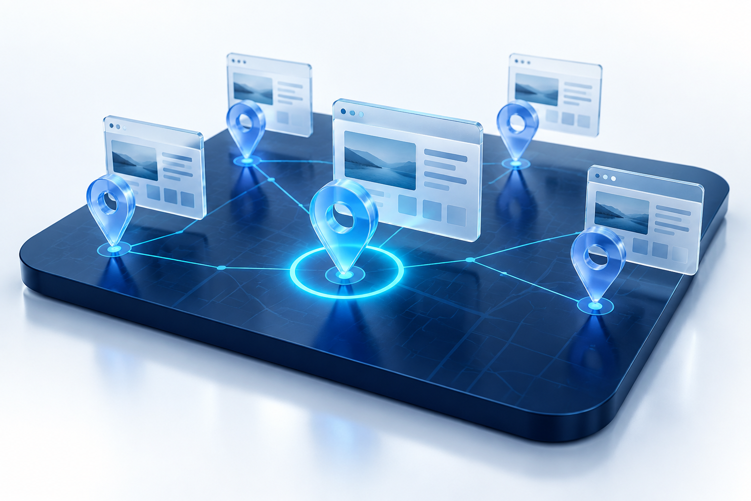 Abstract glass website panels and local map pins under a blue inspection ring.