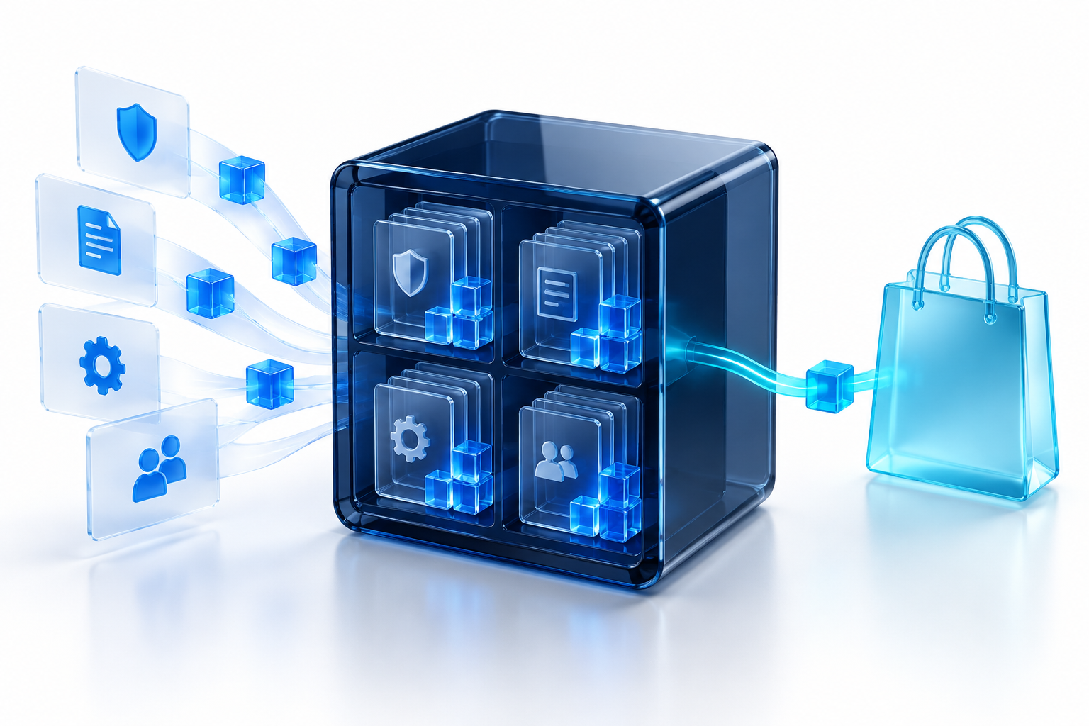Abstract merchant knowledge hub organizing store policies and product information for AI-assisted shopping.