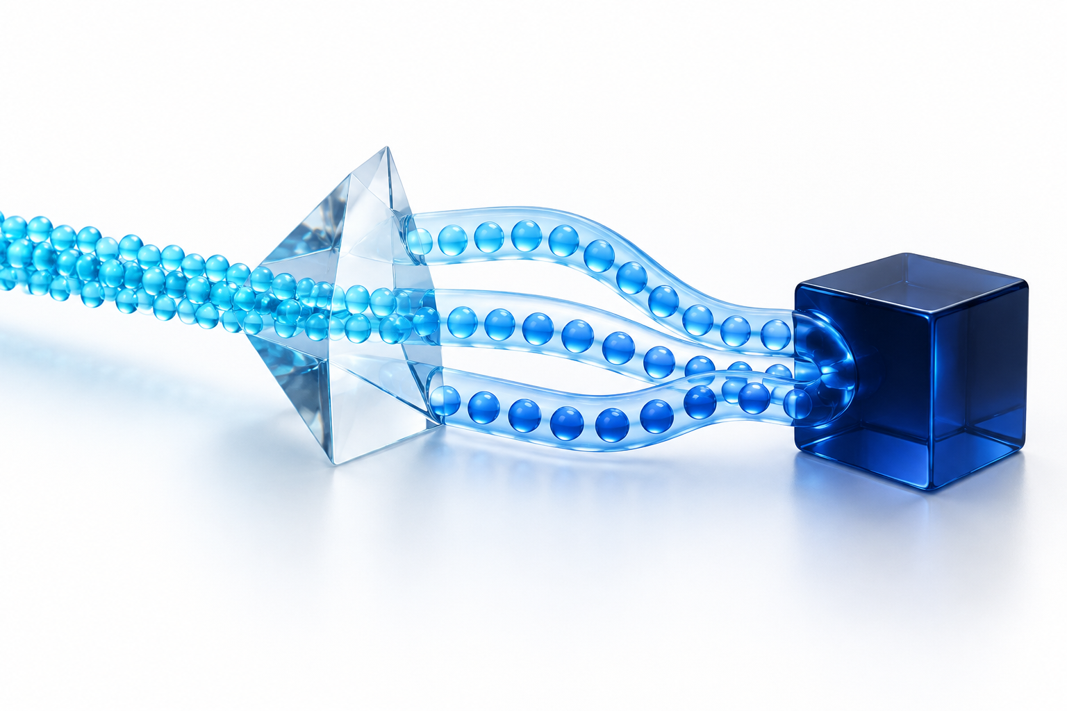 Abstract glass pathways representing AI referral traffic connected to measurable business outcomes.