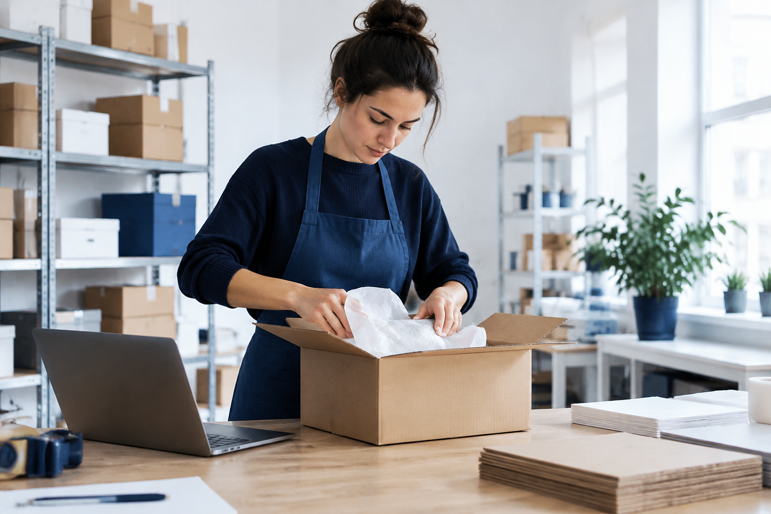 Retail employee preparing an online order beside a laptop in a stockroom.