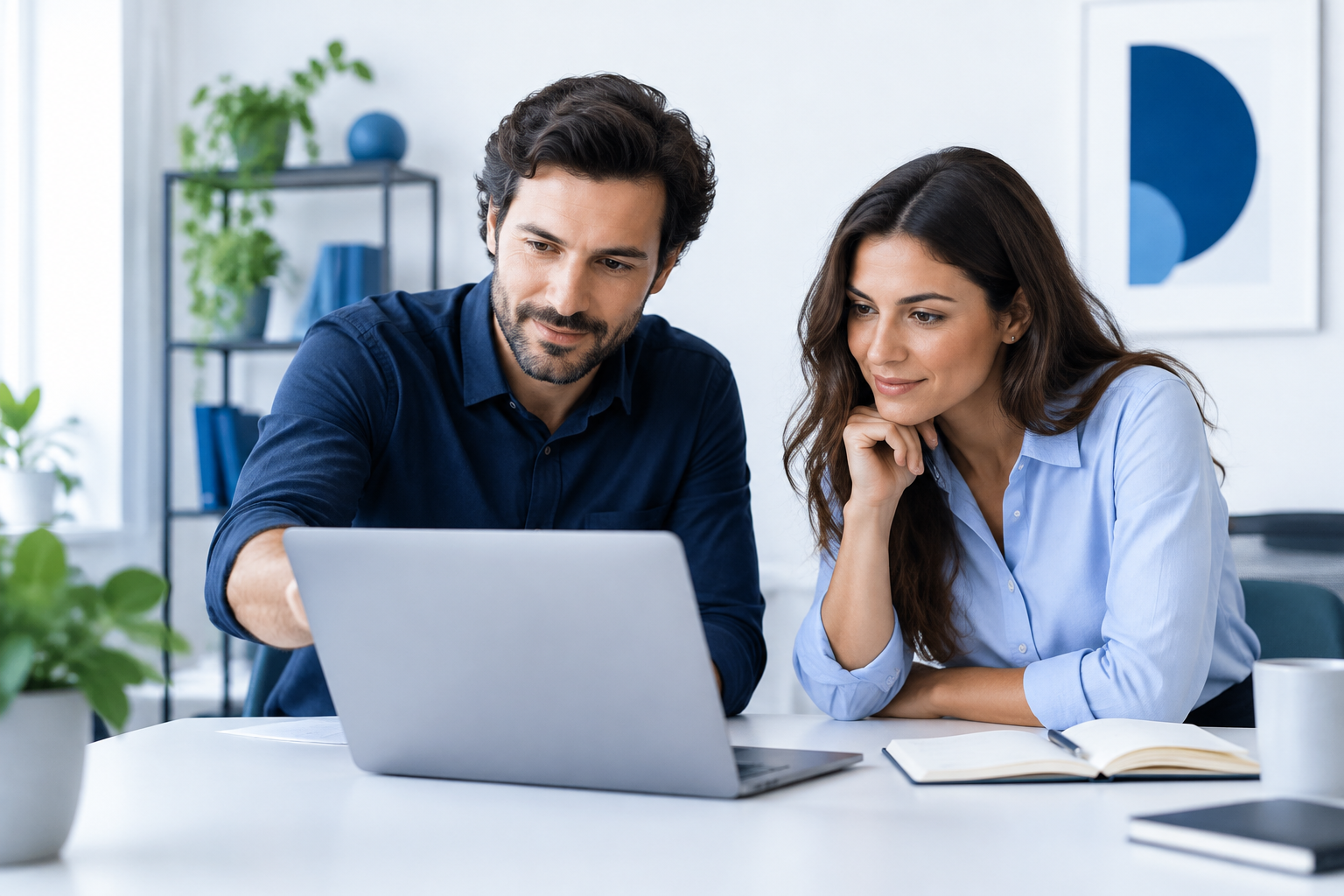 Business owner and marketing manager reviewing sales information together at a laptop.