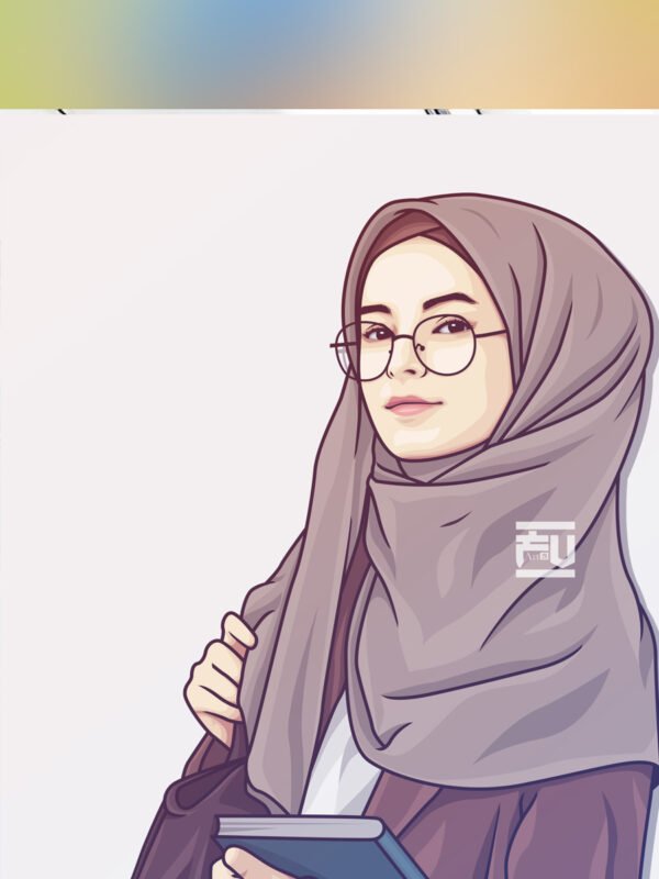 Hijabi girl holding notebook, glasses.