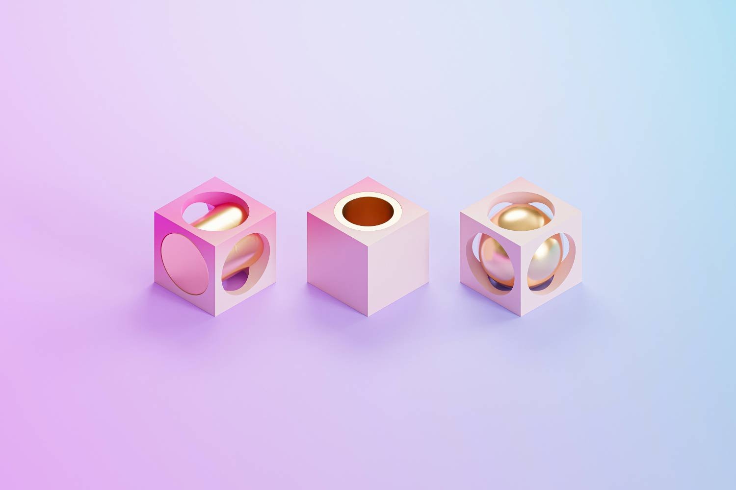 Pink cubes, gold sphere progression.