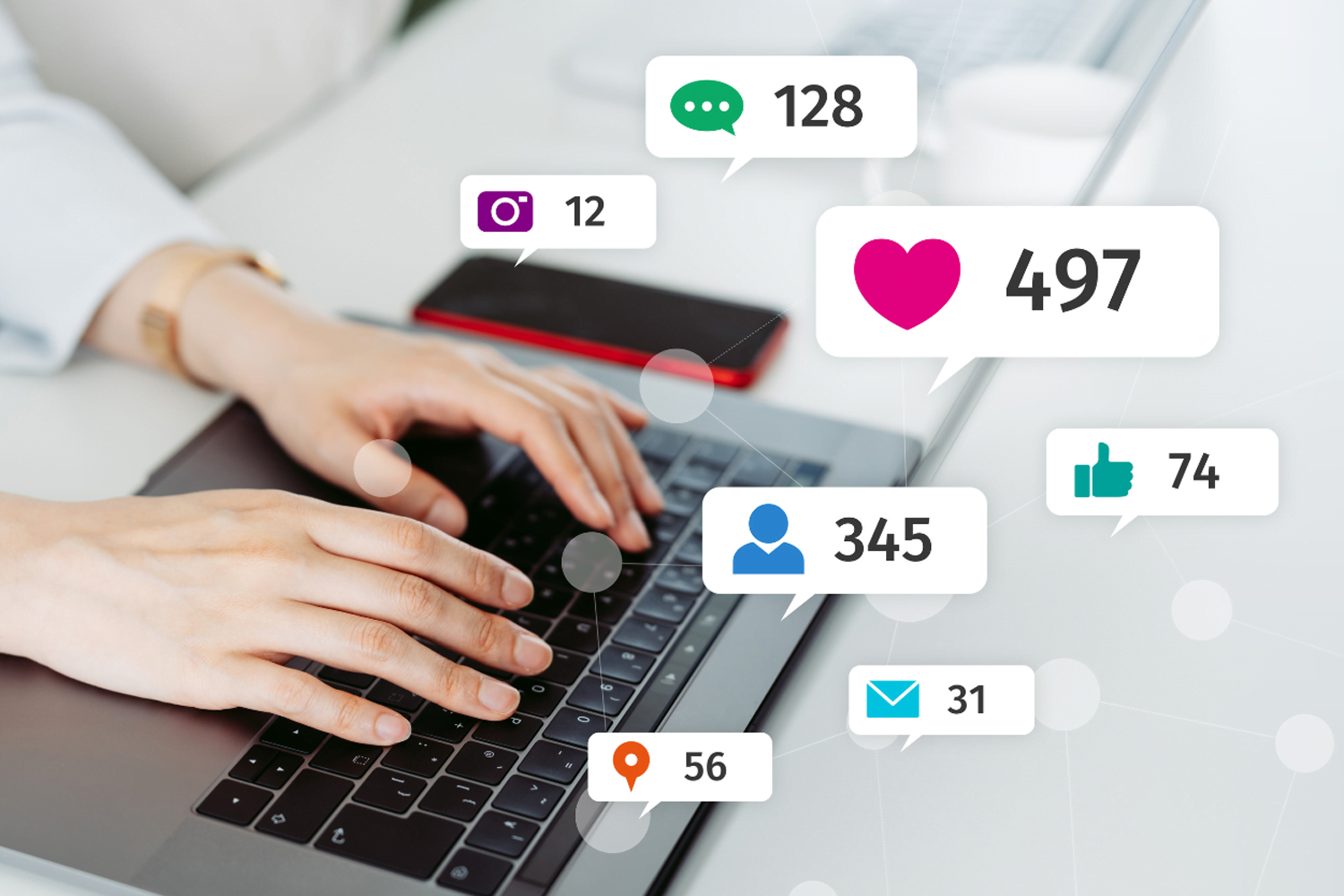 Woman typing, social media engagement.